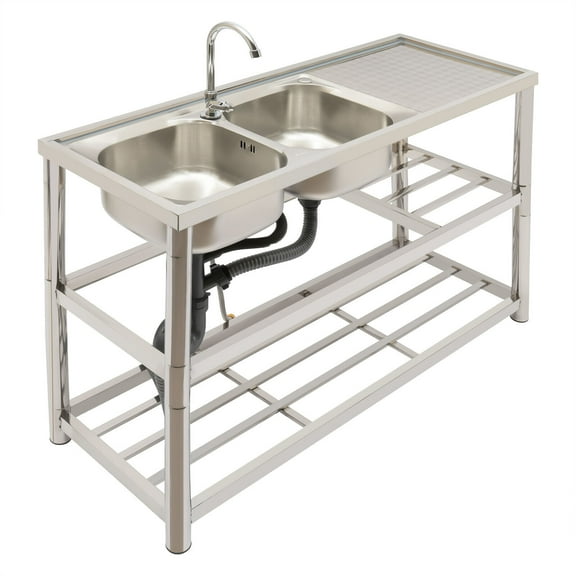 TFCFL 2 Compartments Stainless Steel Kitchen Sink Commercial Utility Sink & Prep Table w/ Faucet Drainboard