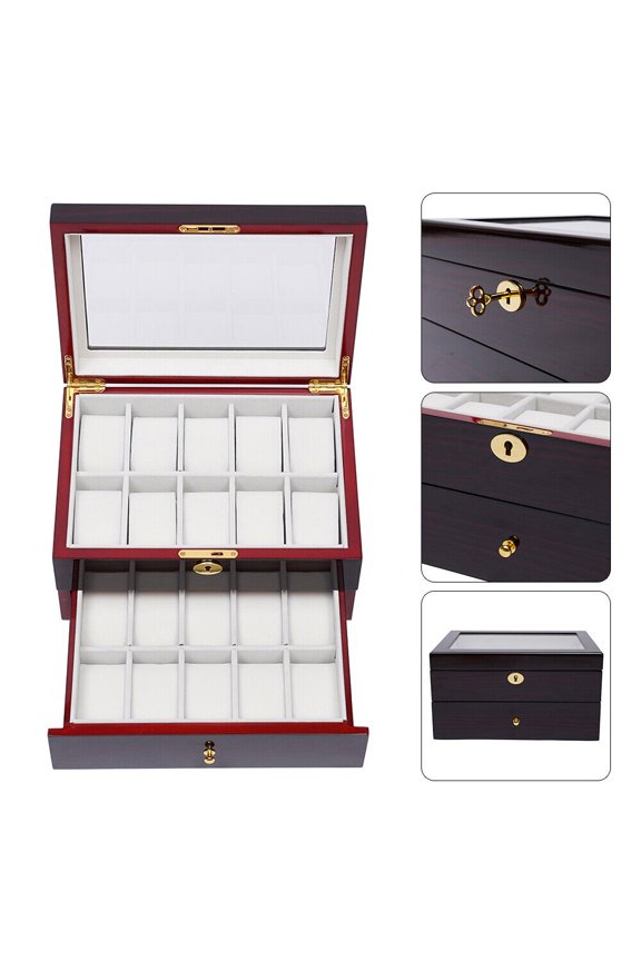 2 Layer 20 Slot Wood Watch Box Display Case Glass Top Jewelry Storage Organizer Box with Lock