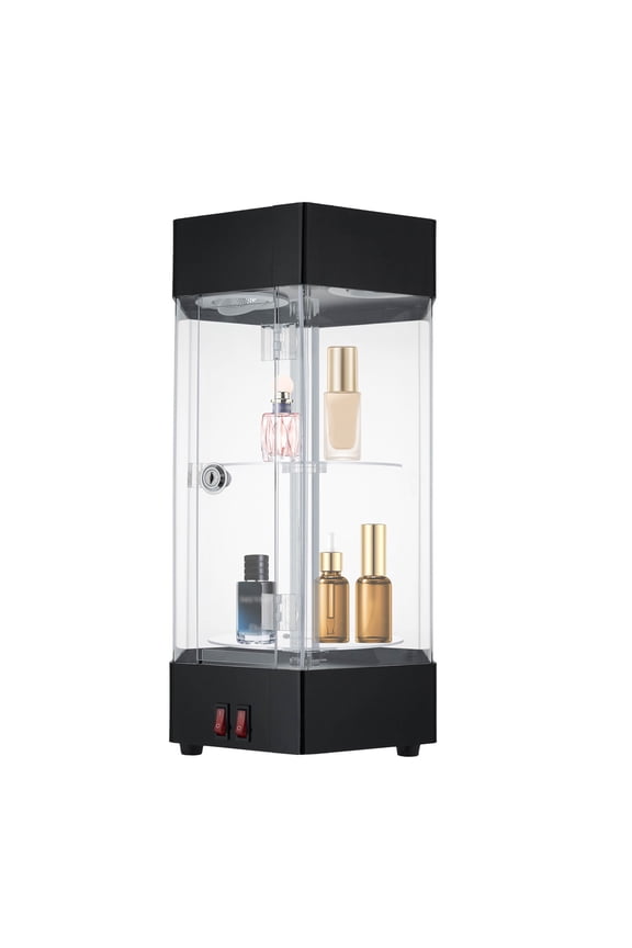 2 Tier Electric Rotating Display Case Clear Acrylic Showcase Jewelry Glasses Collections Storage Box with LED Lights