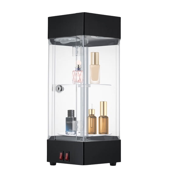 TFCFL 2 Tier Electric Rotating Display Case Clear Acrylic Showcase Jewelry Glasses Collections Storage Box with LED Lights