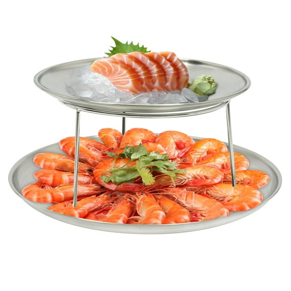 TFCFL 2 Tier Food Serving Riser Seafood Plate Round Plate Rack Silver Tray Display Stand Tableware
