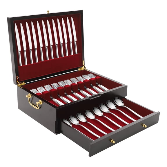 TFCFL 2 Tiers Wooden Silverware Chest Silverware Storage Box Silverware Case with Handle 15.35x11.42x5.51in