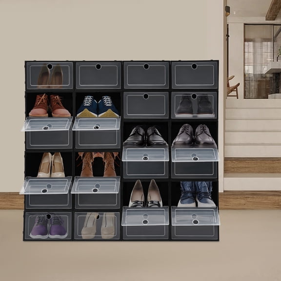 TFCFL 24pcs Shoe Boxes Black Stackable Shoe Storage Box Organizer Case with Transparent Flip Lid
