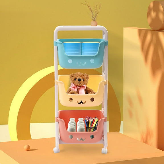 TFCFL 3-Tier Rolling Cart Kids Playroom Decor Doll Activity Rack Shelf Plastic Bins Toy Storage Organizer