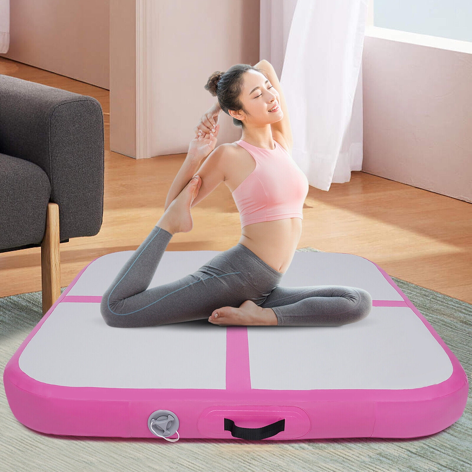 TFCFL 39.37*3.94inch Inflatable Gymnastics Mat Yoga Mat Fitness Pad W/Air  Pump Pink + Grey