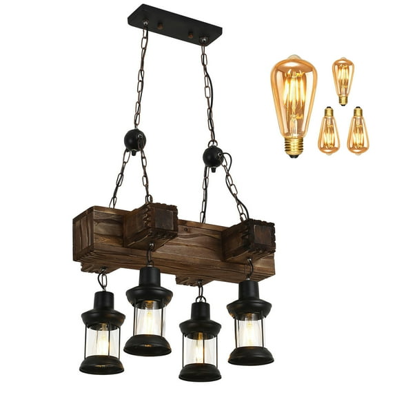 TFCFL 4-Lights Rustic LED Chandelier Pendant Lamp Glass Shade Lighting Fixture Wooden Ceiling Light Hanging Lamp