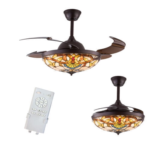 TFCFL 42 Inch Ceiling Fan Light Tiffany Style Stained Glass LED Chandelier Fan Lamp w/ Remote Fandelier!