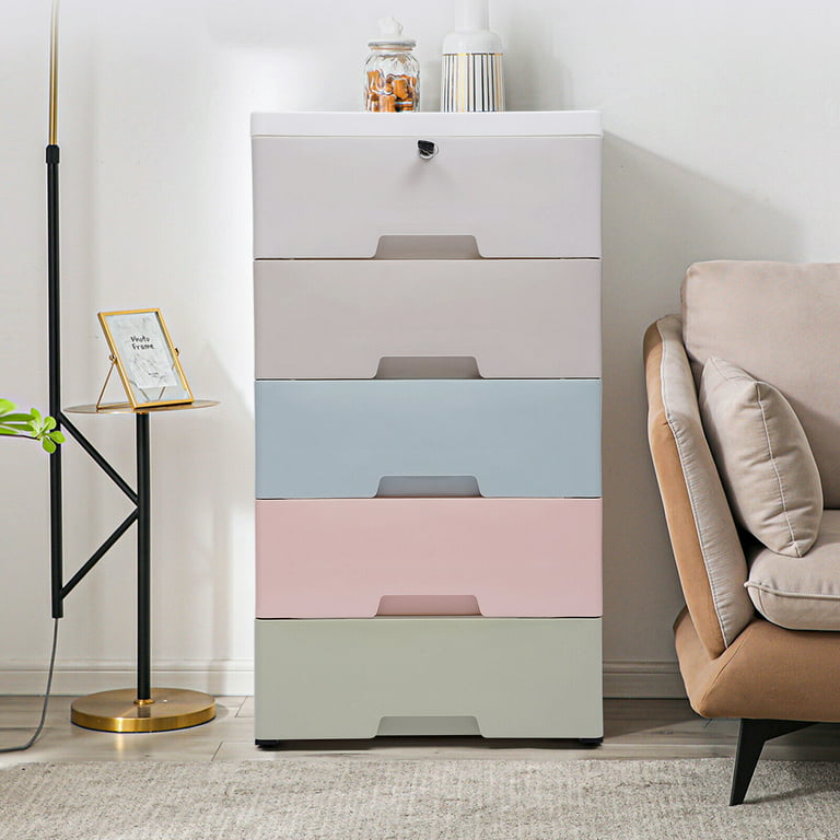 Storage Cabinet with 6 Drawers Tall Dresser Movable Plastic Organizer with  Wheels and Locks for Clothes Toys Books, Playroom Bedroom Furniture Beige 