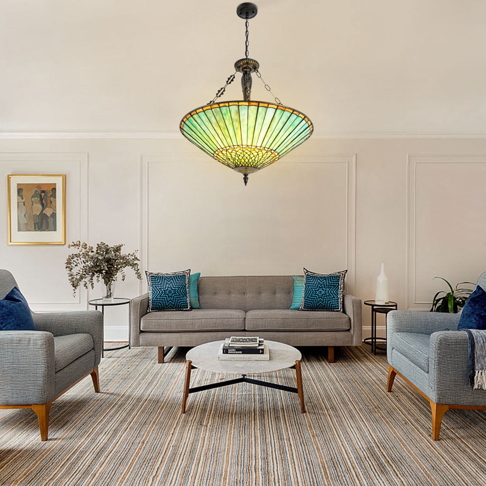 TFCFL 5 Lights Vintage Stained Glass Pendant Lamp Tiffany Style Ceiling ...