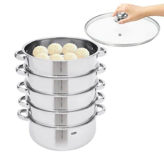 TFCFL 5 Tier 28cm Stainless Steel Steamer Pot Kitchen Cooking Steam Cooker with Glass Lid