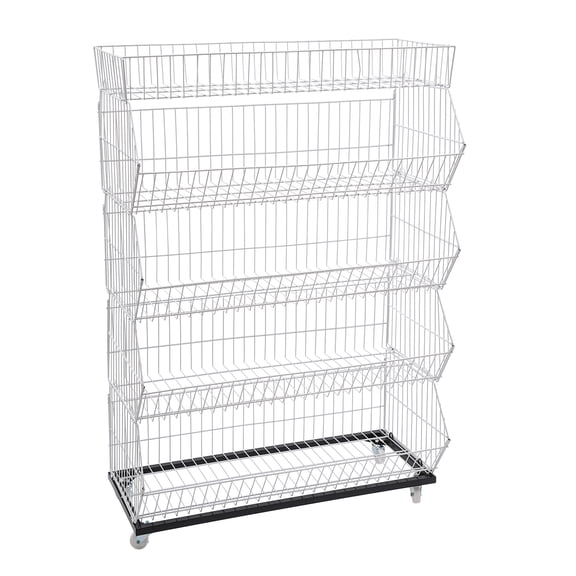 TFCFL 5-tier Retail Display Rack Wire Grid Merchandise Shelf Fruit Vegetable Snack Basket with 4 pulleys (2 with brakes), White