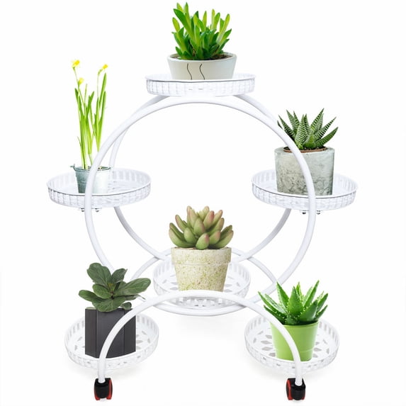 TFCFL 6 Trays Metal Plant Stand Display Shelf Holder Garden Flower Pot Rack with Wheels White