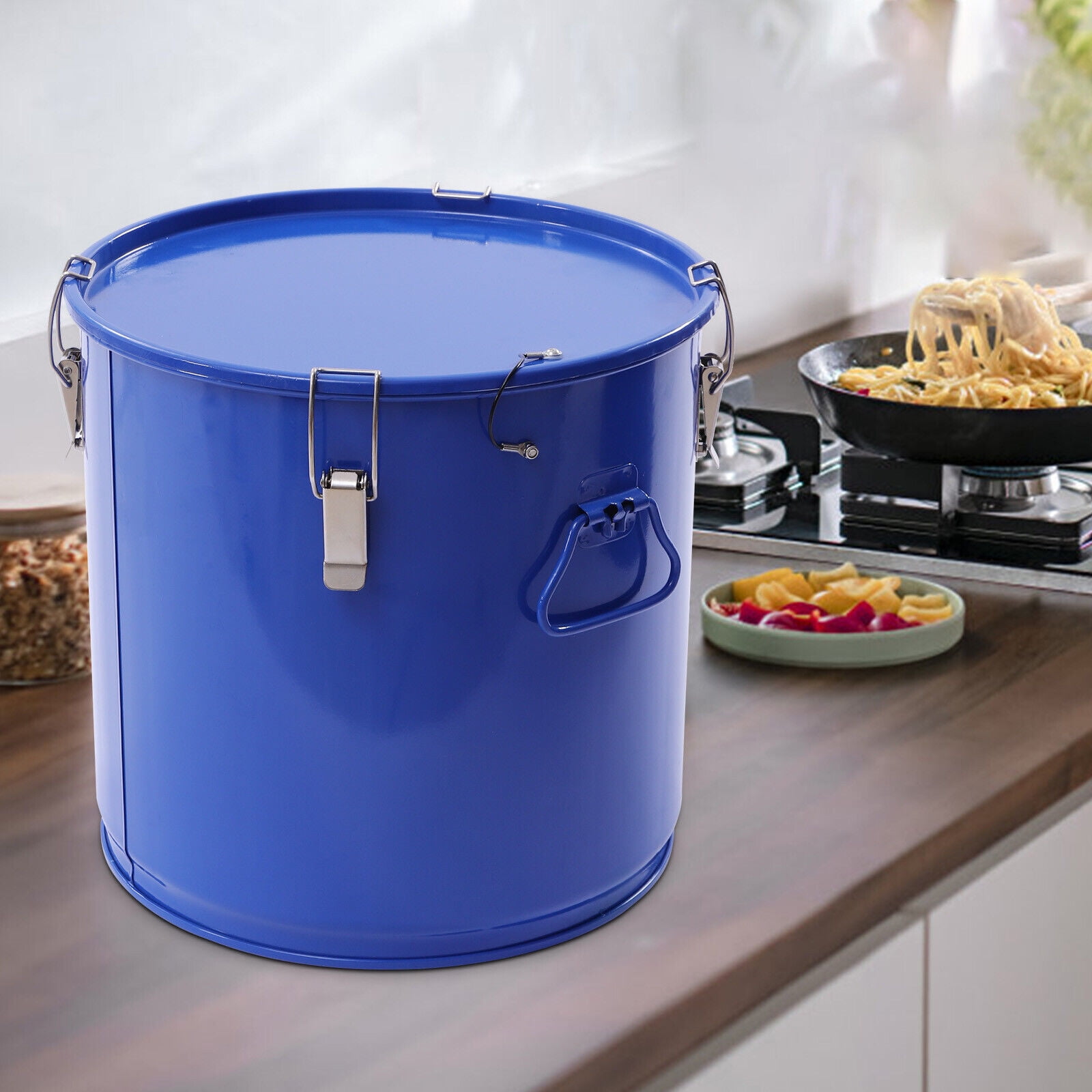 VEVOR Fryer Grease Bucket 6 gal. Rust-proof Coating Oil Transport Container with Lid and Lock Clips for Hot Cooking, Blue