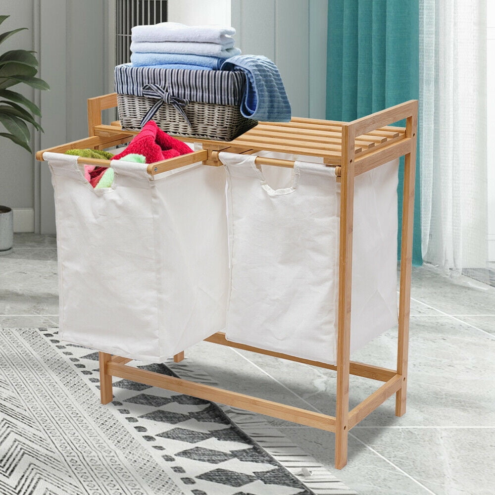 TFCFL Bamboo Laundry Hamper and Shelf TwoSection Laundry Basket w