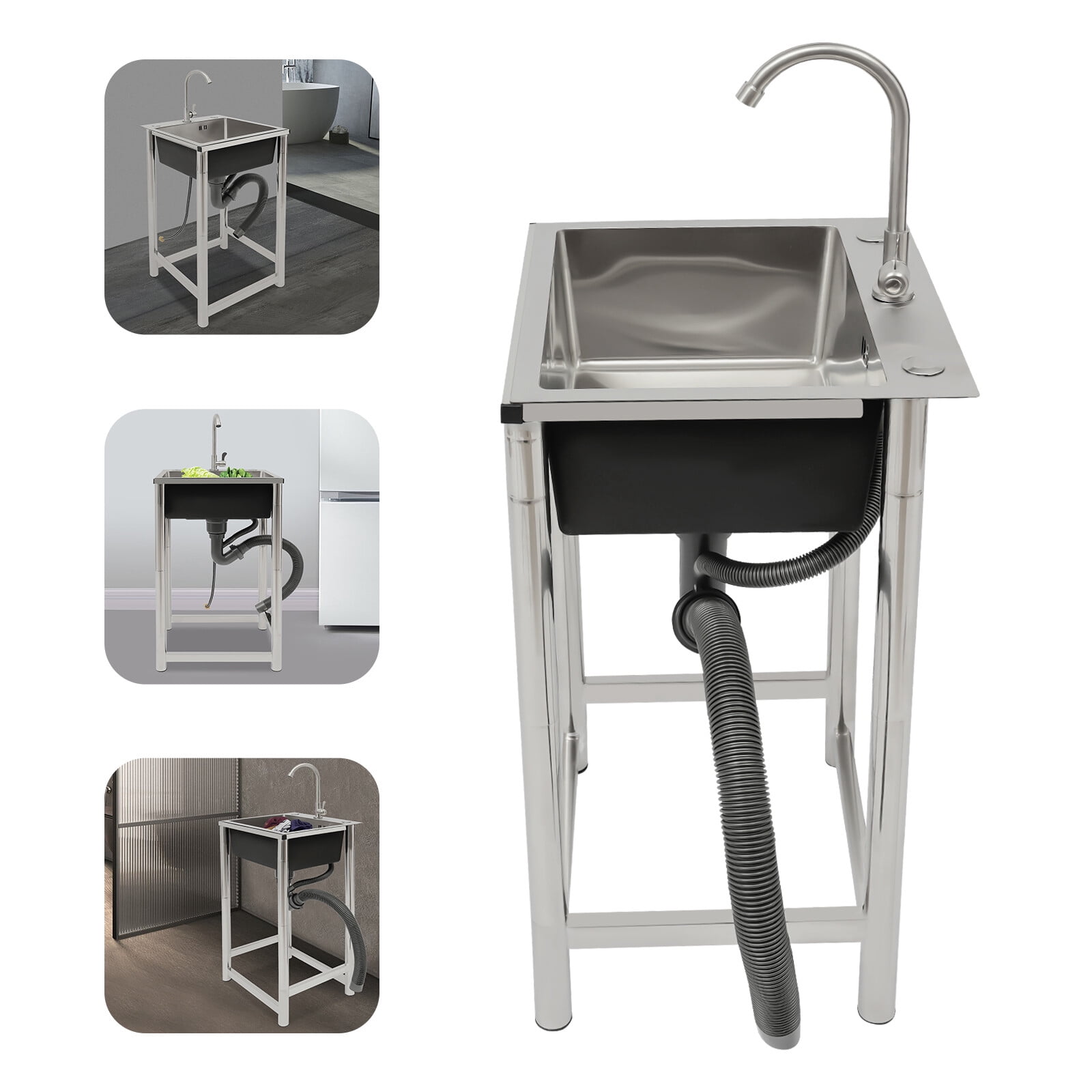 TFCFL Commercial Sigle Bowl Sink Stainless Steel Utility Sink Free Standing Kitchen Sink with Faucet