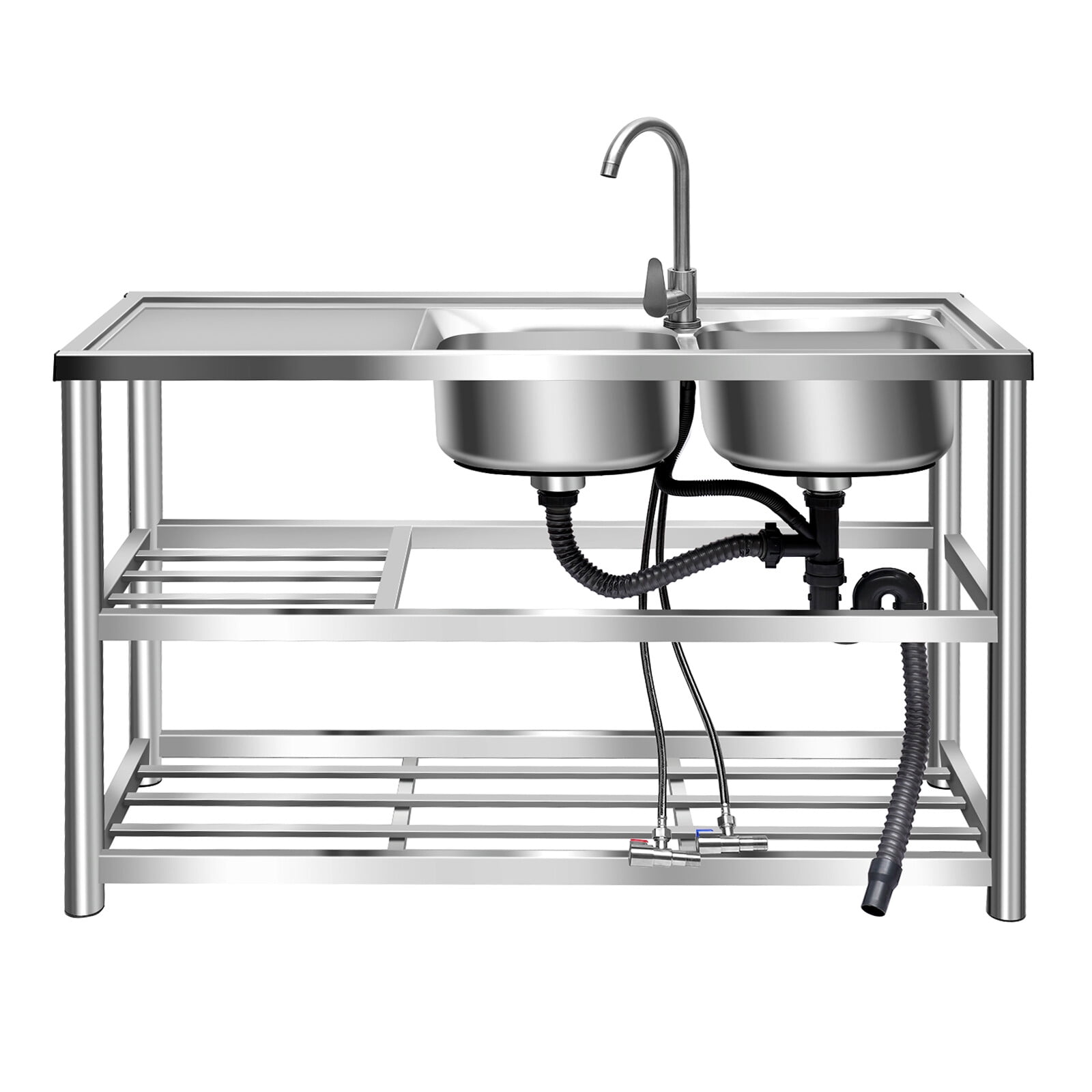 TFCFL Commercial Stainless Steel Sink Freestanding Kitchen Utility Sink 2 Compartment + Prep Table