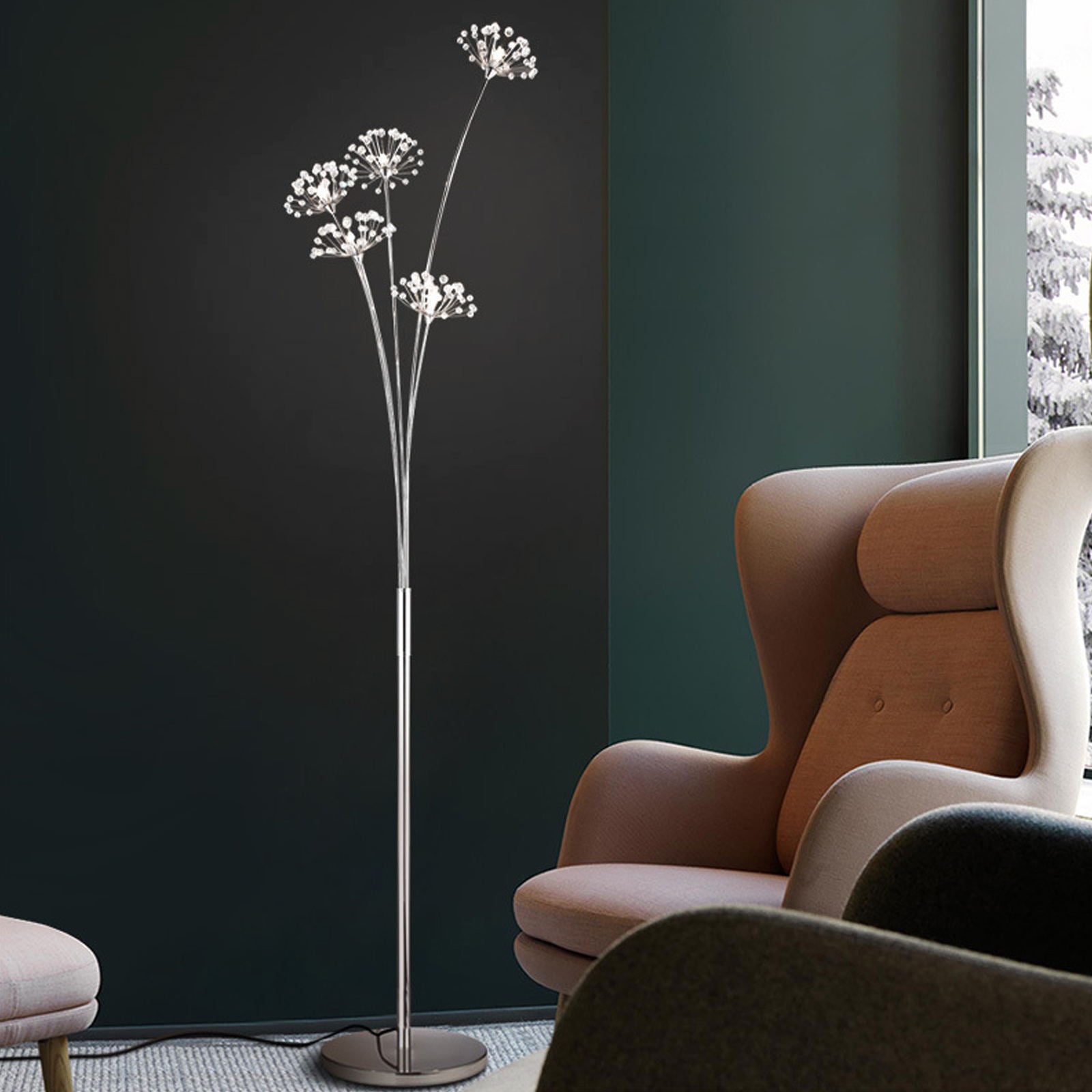 TFCFL Crystal Floor Lamp, 5 Heads Modern Elegant Dandelion Standing Lamp for Bedroom Living Room Office, 69-Inch, Silver