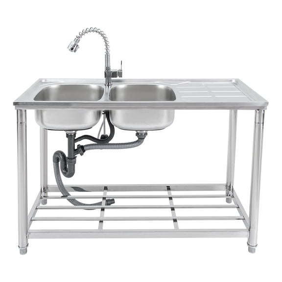TFCFL Double Bowls Utility Sink Commercial Stainless Steel Kitchen Sink Prep Table with Pull-out Faucet & Bottom Shelf