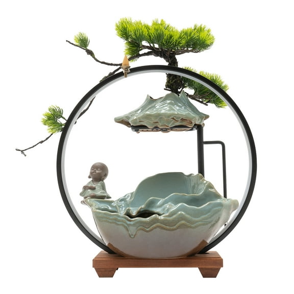 TFCFL LED Waterfall Desktop Resin Feng Shui Water Fountain Indoor Tabletop Ornament Decoration
