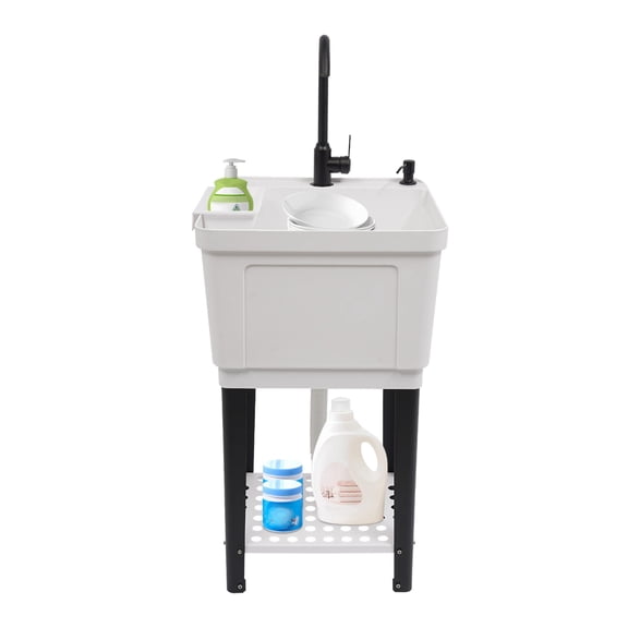 TFCFL Laundry Sink Square Utility Sink Freestanding Washing Sink with Soap Box, Faucet & Bottom Storage Rack