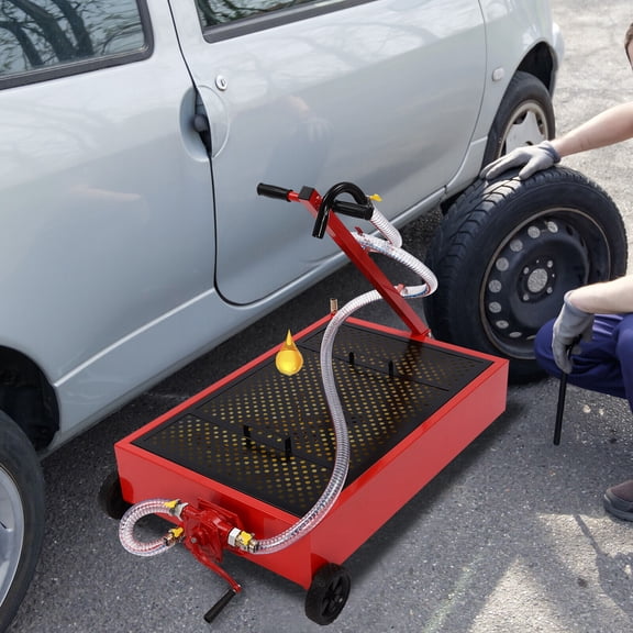 TFCFL Low Profile Oil Drain Pan 20 Gallon Oil Change Pan Cart with Manual Rotary Pump and Universal Wheels