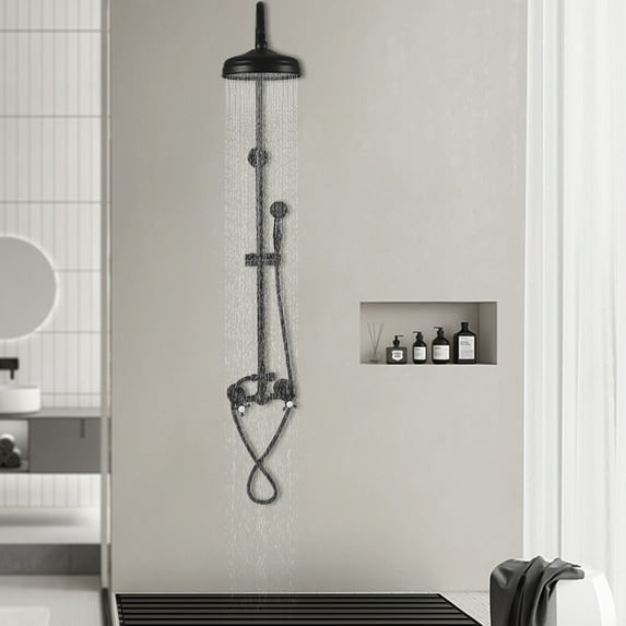TFCFL Matte Black Exposed Shower Faucet Set 8 In Rain Hand Shower Mixer Double Knobs Shower Fixture Combo System