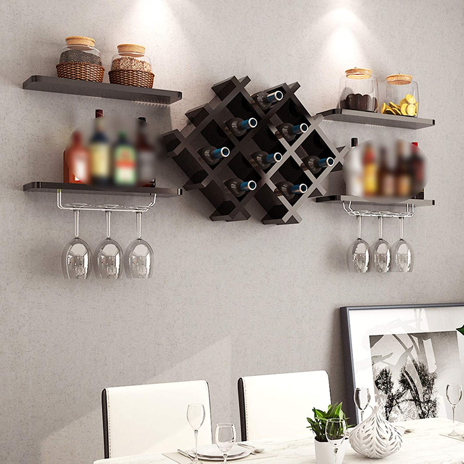 TFCFL Modern Wall Mounted Wine Rack Bottle Glass Storage Holder Shelf Black Home Bar