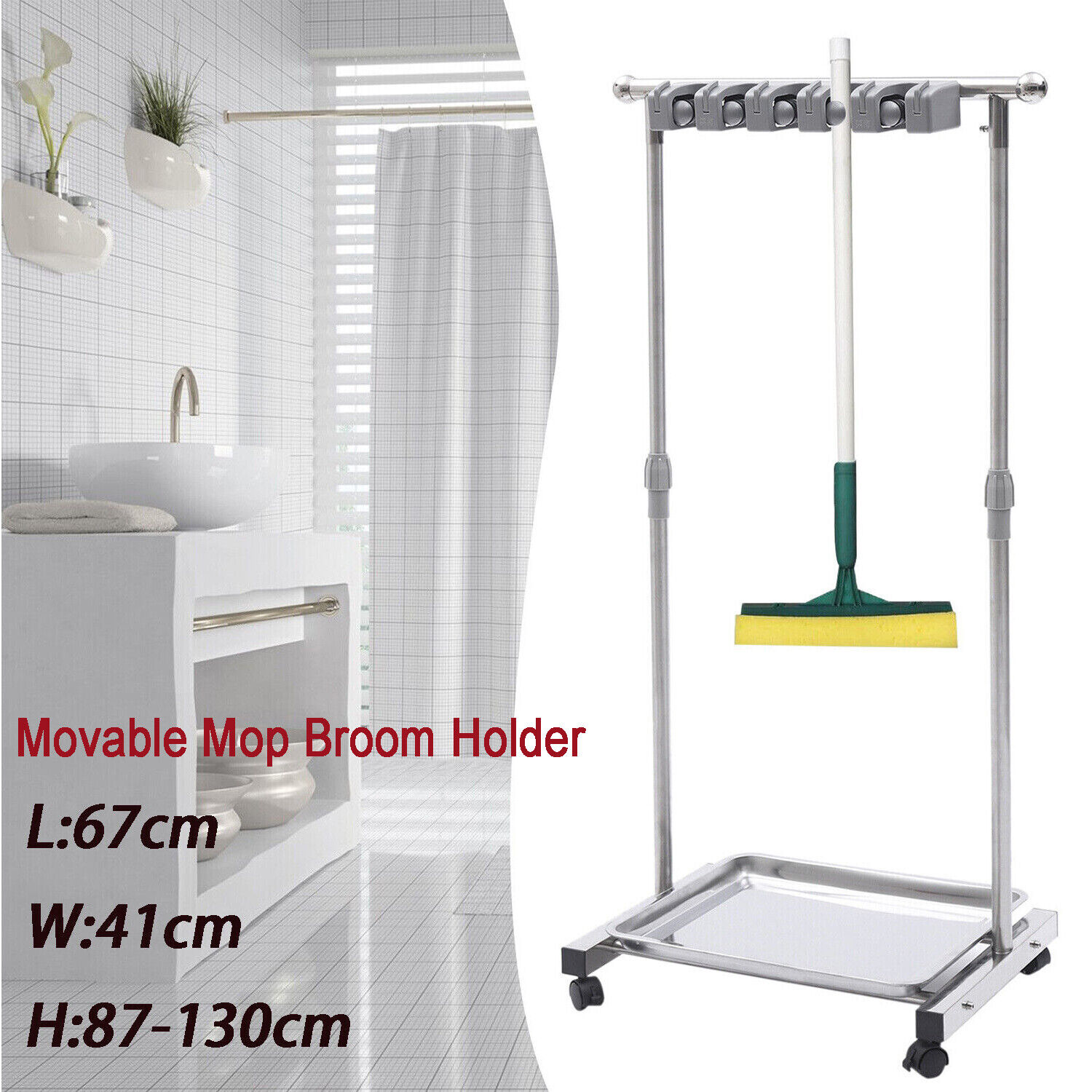 TFCFL Movable Mop Broom Holder Stainless Steel FloorMounted 6Hook