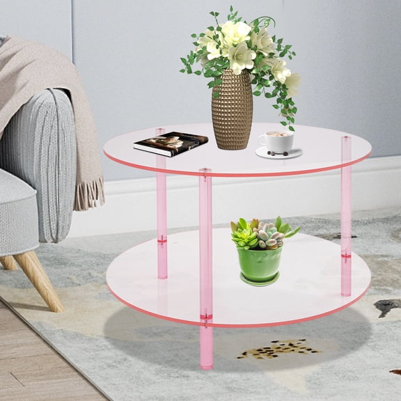TFCFL Pink Acrylic Coffee Table Modern Coffee Table 2-Tier Round Coffee Table 3-Leg Support Sturdy