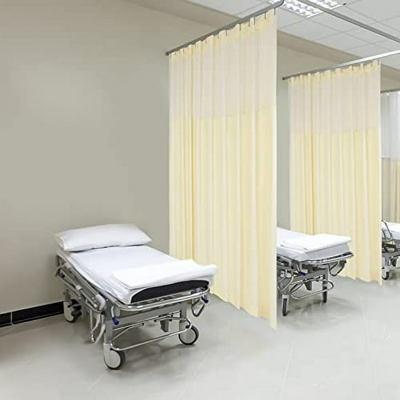 TFCFL Room Divider Curtain, 12ft Wide x 8ft Tall Polyester Flame Retardant Medical Curtains, Privacy Cubicle Curtain with Mesh Top & 24 Hook for Hospital Clinic SPA Lab School Nursery (1 Panel, Beige)