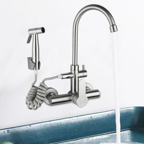 TFCFL Stainless Steel Commercial Dual Hole Sink Faucet Wall Mount 360Rotation Kitchen Faucet Tap with Bidet Sprayer