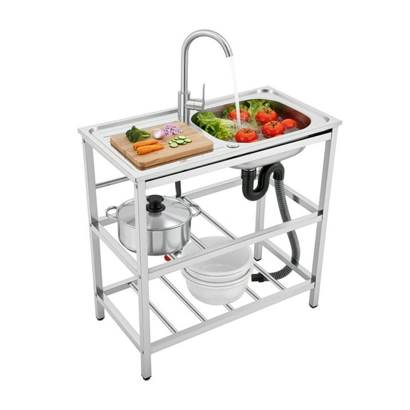 TFCFL Stainless Steel Kitchen Sink Pre Table Freestanding Rectangle Utility Sink with Faucet & Shelves