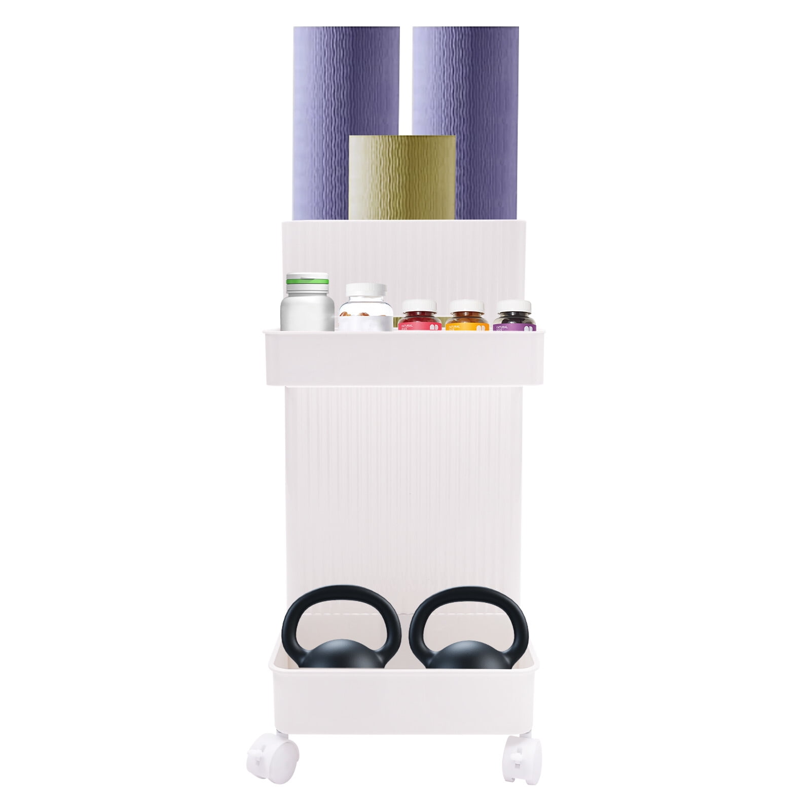 TFCFL Workout Equipment Storage Cart Multifunctional Home Gym Storage Rack Yoga Mat Dumbbell Organizer Basket with Wheels
