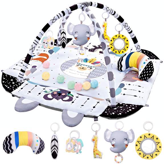 TFDER TFDER Baby Gym Play Mat with Fold-Up Sides, Tummy Time Mat & Activity Gym, Infant Play Mat with 5 Detachable Toys for Sensory Exploration from 3 to 24 month.(Black and White)