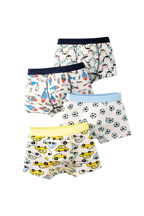 4PC Children Boys Cotton Boxer Briefs Cartoon Car Printed Soft Shorts Comfortable Underwear White