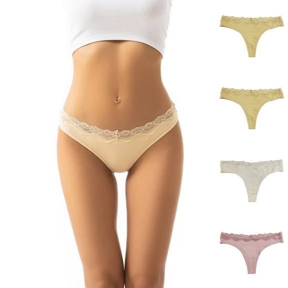 TFEOQRY 4Pc Briefs Underwear for Women Solid Color Cotton Mid Waist Lace Underwear Thong Breathable Underwear Beige