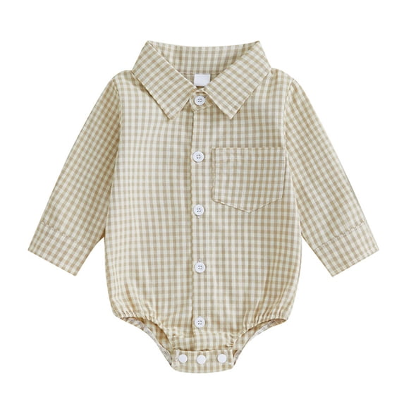 TFEOQRY Baby Boys and Girls Bodysuit Fashion New Casual Plaid Lapel Long Sleeved Button Climbing Clothes Rompers Beige