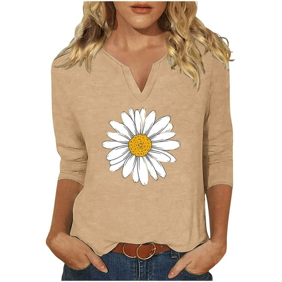TFEOQRY Blouses for Women Casual Flower Printed Fashionable Pullover Shirt Long Sleeve V-Neck Tops Khaki