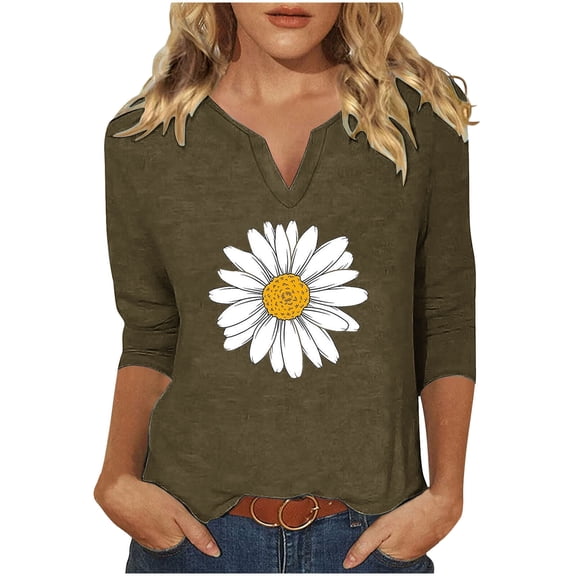 TFEOQRY Blouses for Women Casual Flower Printed Fashionable Pullover Shirt Long Sleeve V-Neck Tops Olive Green
