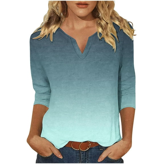 TFEOQRY Blouses for Women Casual Gradient Printed Fashionable Pullover Shirt Long Sleeve V-Neck Tops Light Blue