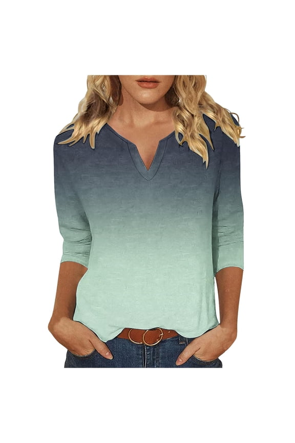 Blouses for Women Casual Gradient Printed Fashionable Pullover Shirt Long Sleeve V-Neck Tops Olive Green