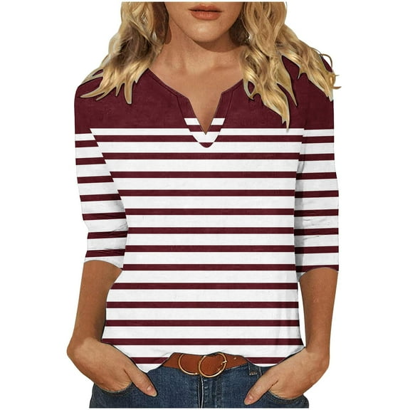 TFEOQRY Blouses for Women Casual Stripe Printed Fashionable Pullover Shirt Long Sleeve V-Neck Tops Burgundy
