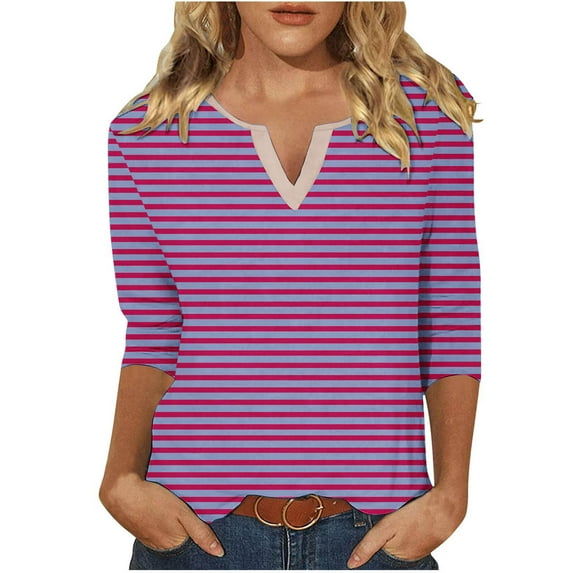 TFEOQRY Blouses for Women Casual Stripe Printed Fashionable Pullover Shirt Long Sleeve V-Neck Tops Hot Pink