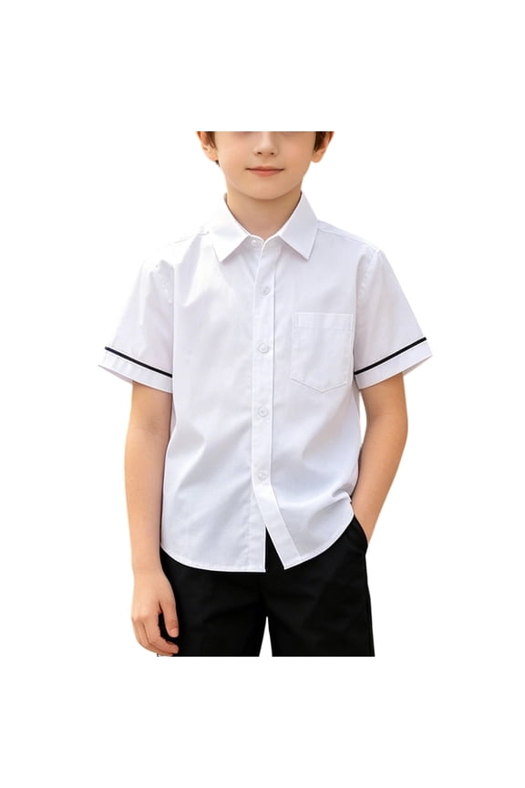Boys Striped Cuff Shirt with Chest Pocket Button Down Short Sleeve British Gentleman Style Back to School Uniform Top