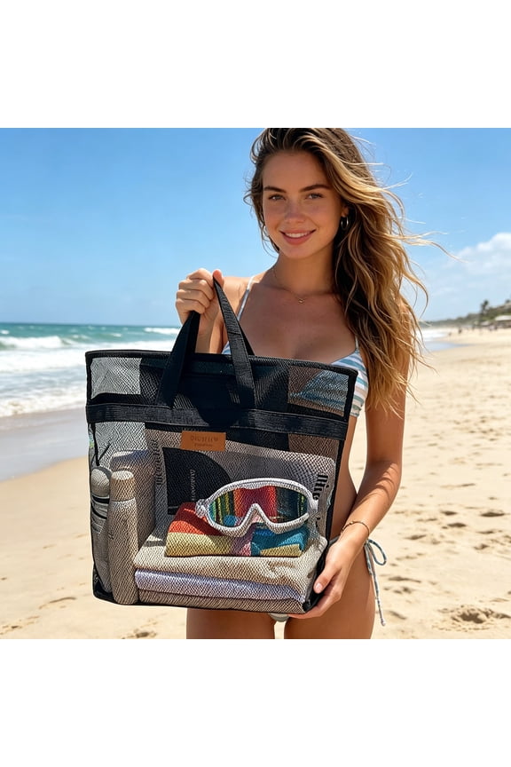 Breathable Quick Dry Large Capacity Mesh Beach Tote Bag Pool Picnic Grocery Travel Hand Carrier