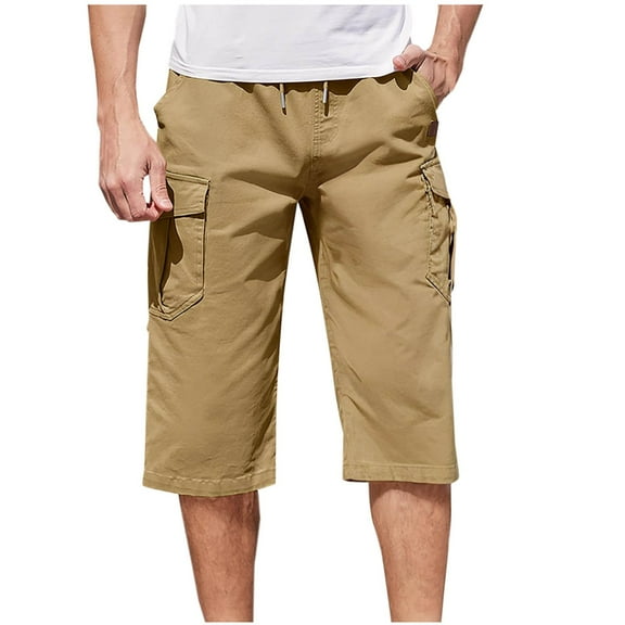 TFEOQRY Capris Pants for Men Solid Color Button Cropped Pants with Pockets Elastic Waisted Trousers Khaki