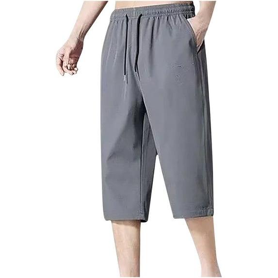 TFEOQRY Capris Pants for Men Summer Breathable Quick Drying Cropped Pants Elastic Waisted Trousers Dark Gray