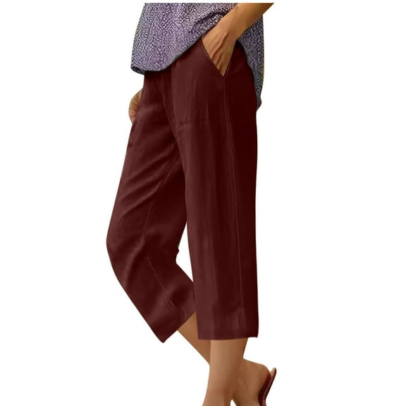 TFEOQRY Capris Pants for Women Casual Solid Color Cropped Pants with Pockets Elastic Waisted Trousers Burgundy