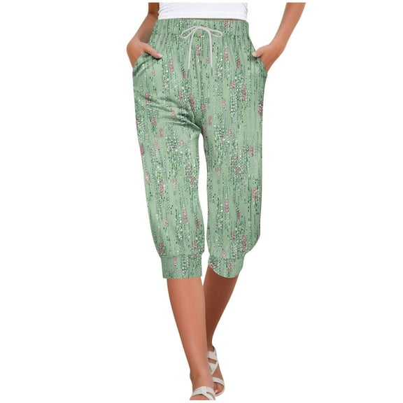 TFEOQRY Capris Pants for Women Fashionable Printed Drawstring Tied Cropped Pants Elastic Waisted Trousers Green
