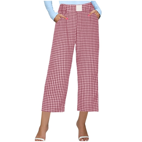 TFEOQRY Capris Pants for Women Fashionable and Comfortable Checkered Printed Cropped Pants Medium Waist Trousers Pink